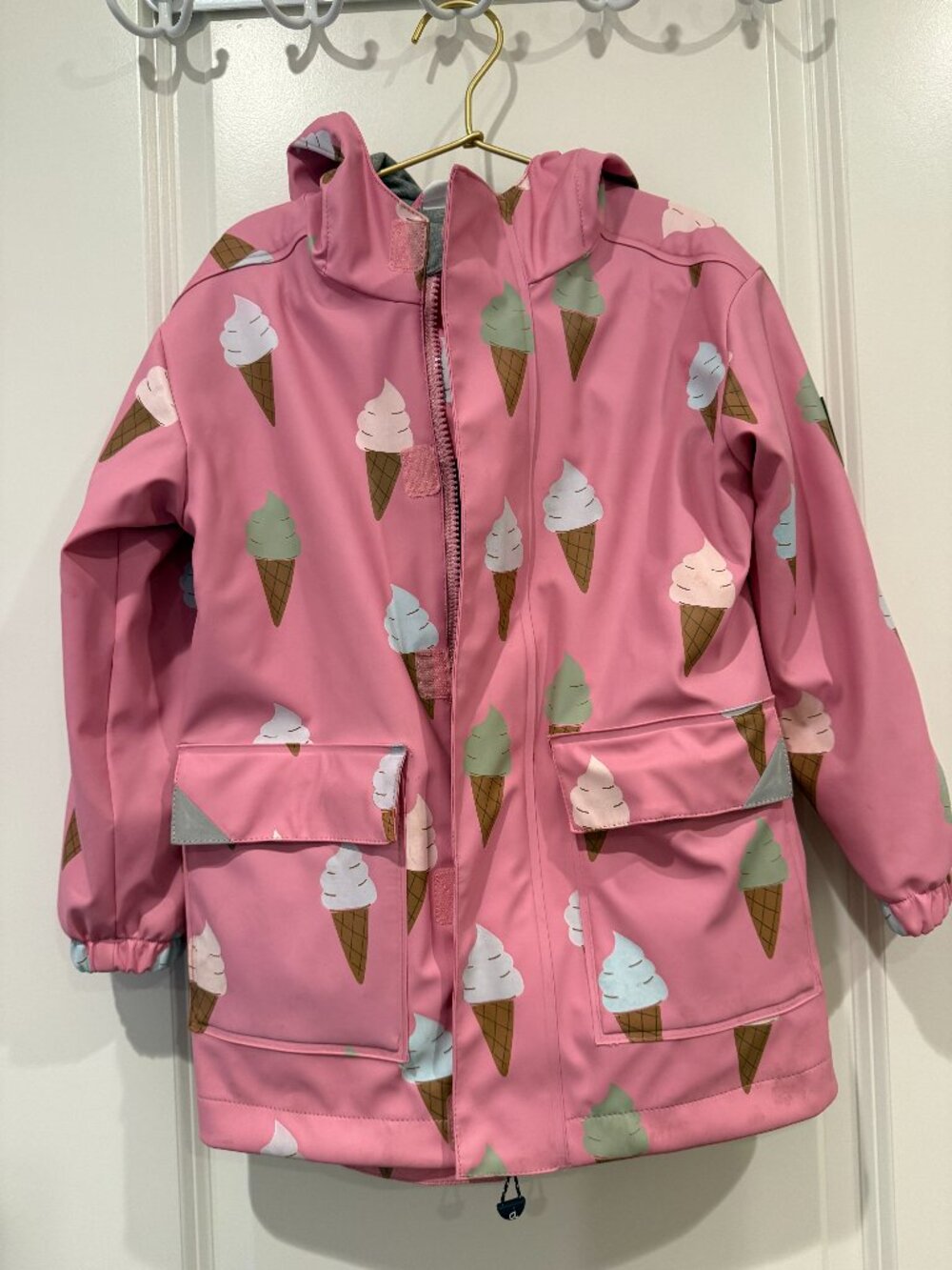 Deux par Deux Girls Pink Ice Cream Hooded Jersey-Lined Raincoat Size 5
